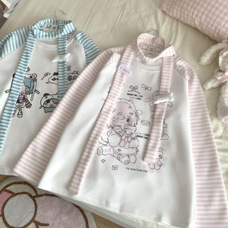 Sweet Girl Kitten  Striped Round Neck Fleece-lined Sweater