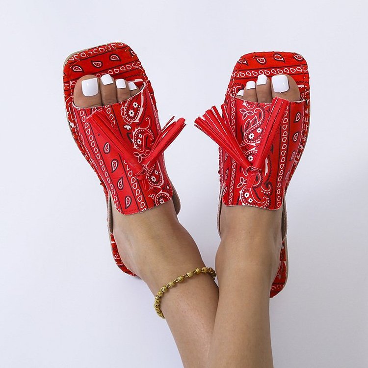 Women's Fringed Colorblock Square Toe Flat Sandals