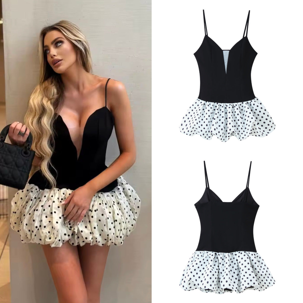 Fashionable Versatile Patchwork Polka-Dot Slip Dress