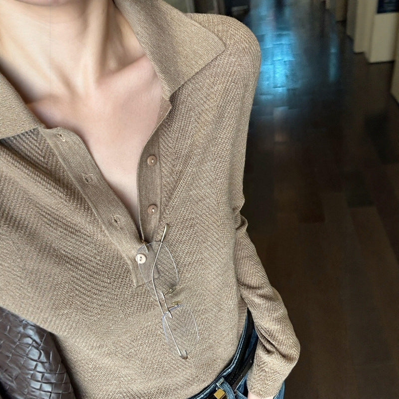 Khaki Polo-neck Fitted Womens Knit Top