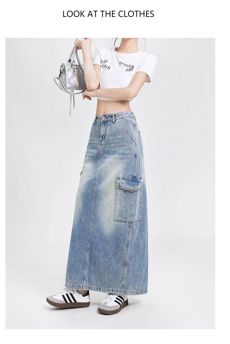 Women's A- Line Denim Skirt Fashion Wash Long Skirt