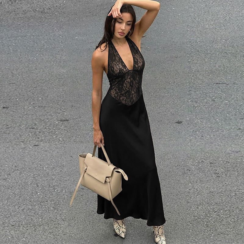 Womens Fashion Hollowed-Out Backless Lace Dress