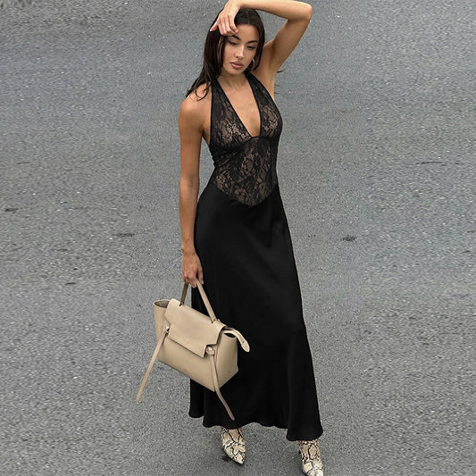 Womens Fashion Hollowed-Out Backless Lace Dress