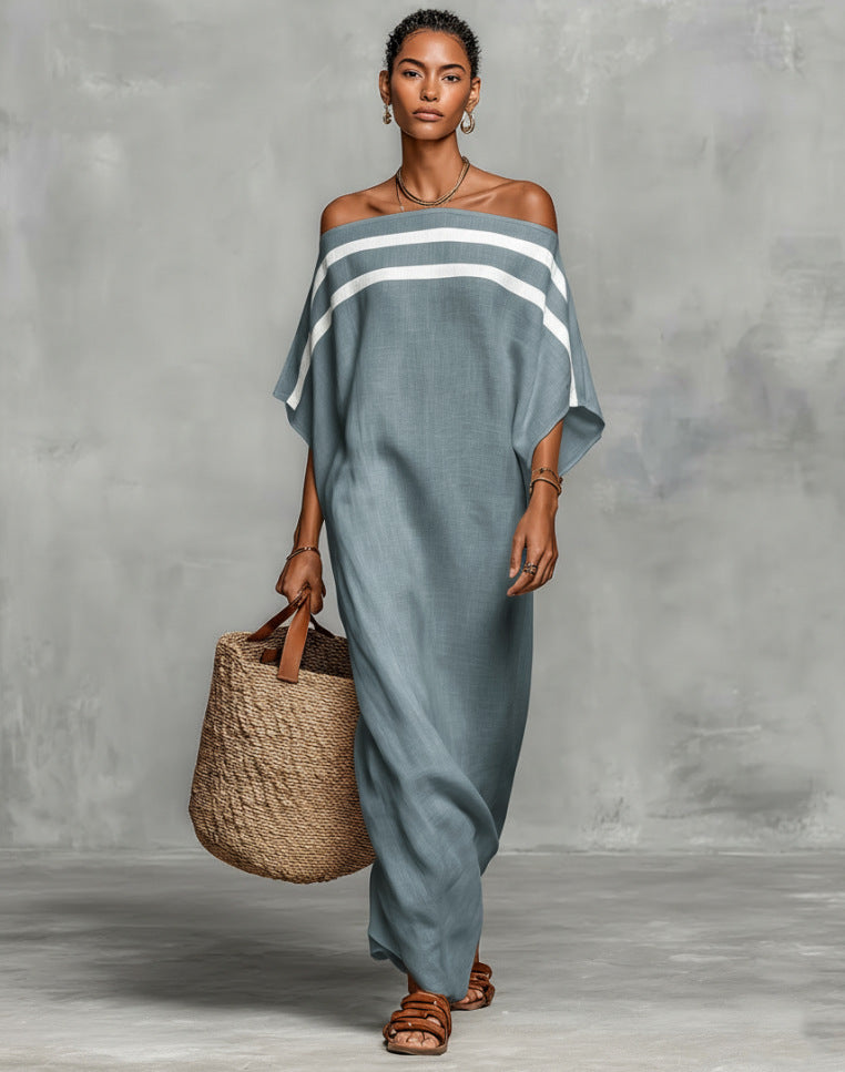 Womens Stand-Up Collar Striped Casual Loose Dress
