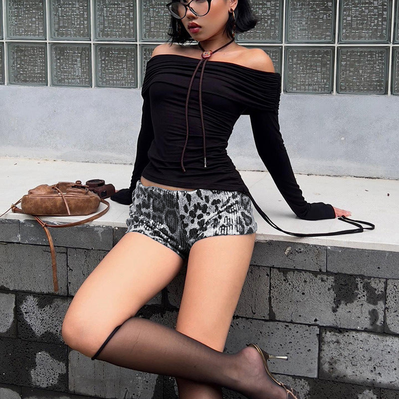 Paillet Leopardmønster Ultra Natklubstil Skinny Alsidige Shorts