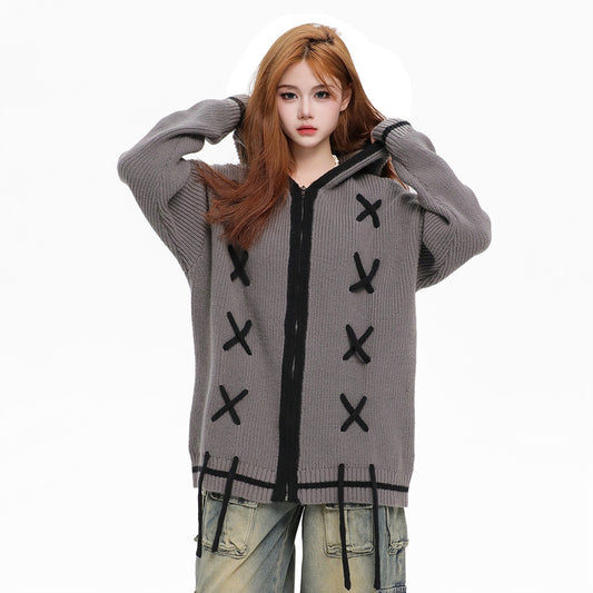Contrast Color Rope Design Loose Casual Cardigan