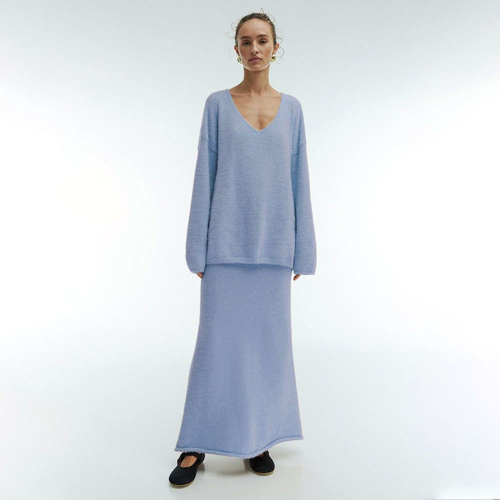 Simple Knitting V-neck Sweater Skirt Suit