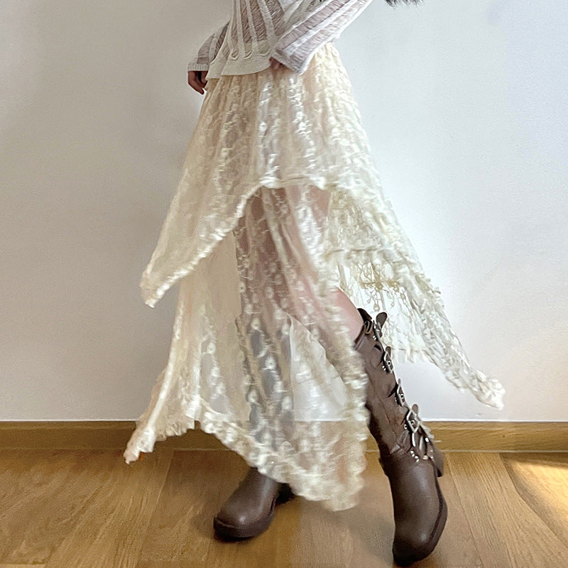 Women's Fashion Casual Vacation Style Low Waist Double Layer Lace Long Dress