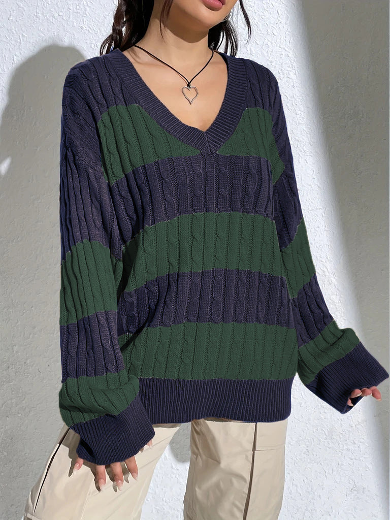 Contrast Color V-neck Loose-fitting Long Sleeve Sweater Women