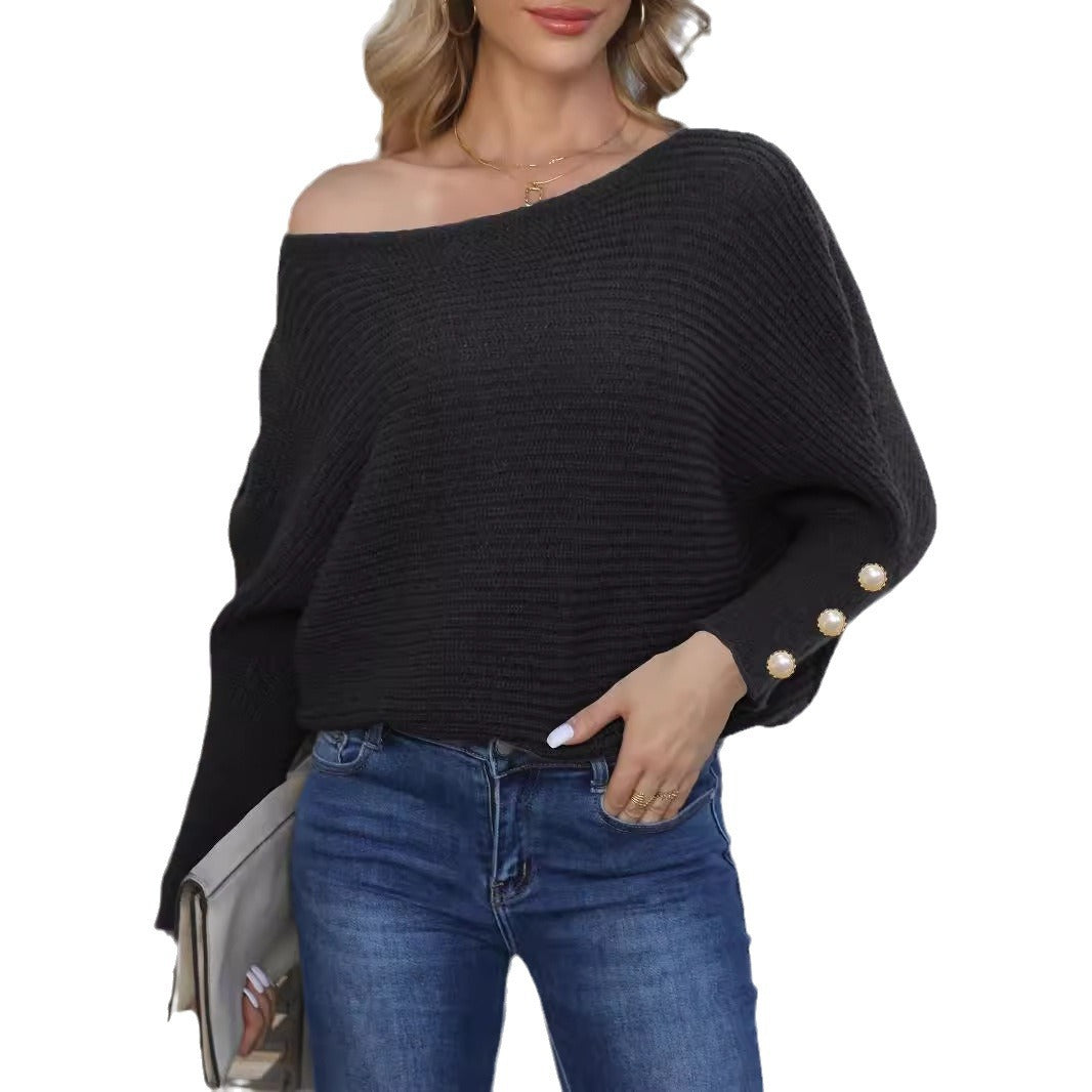 Women's Pearl Button Batwing Sleeve Off-neck Loose Sweater