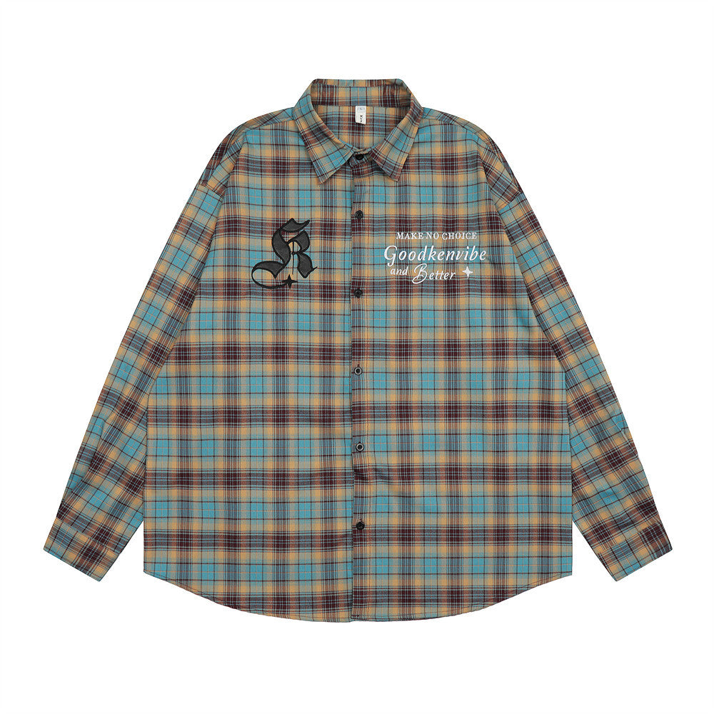 Japanese Retro Plaid Long Sleeve Shirt Men's American Street Fashion