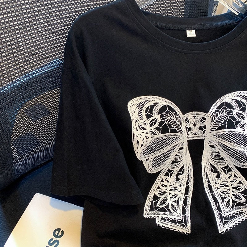 New Women's Fashion Bowknot Printed Short-sleeved T-shirt