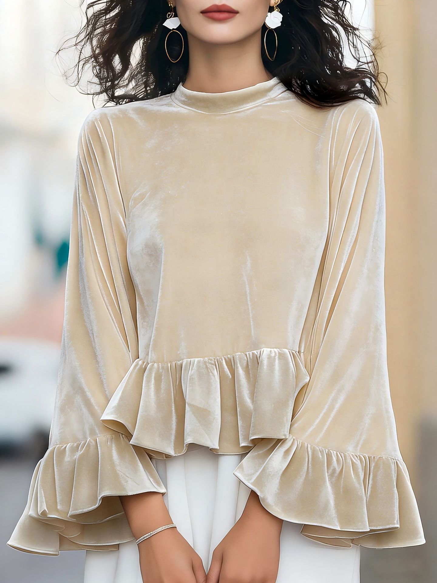 Womens Solid-Color Long-Sleeve Crew-Neck Ruffle-Trim Sweatshirt Top