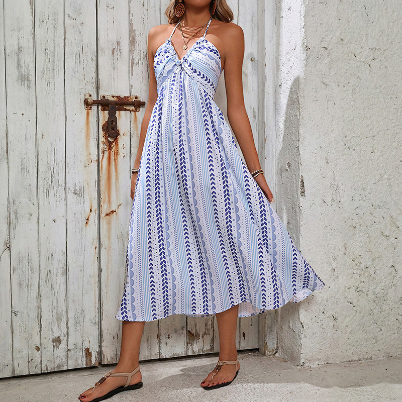 Afslappet Stribet Halterneck Kjole med Print