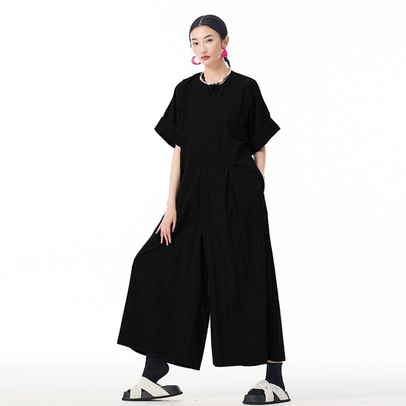 Fashion Large Buttons Round Neck Short Sleeve Cargo Overalls Summer