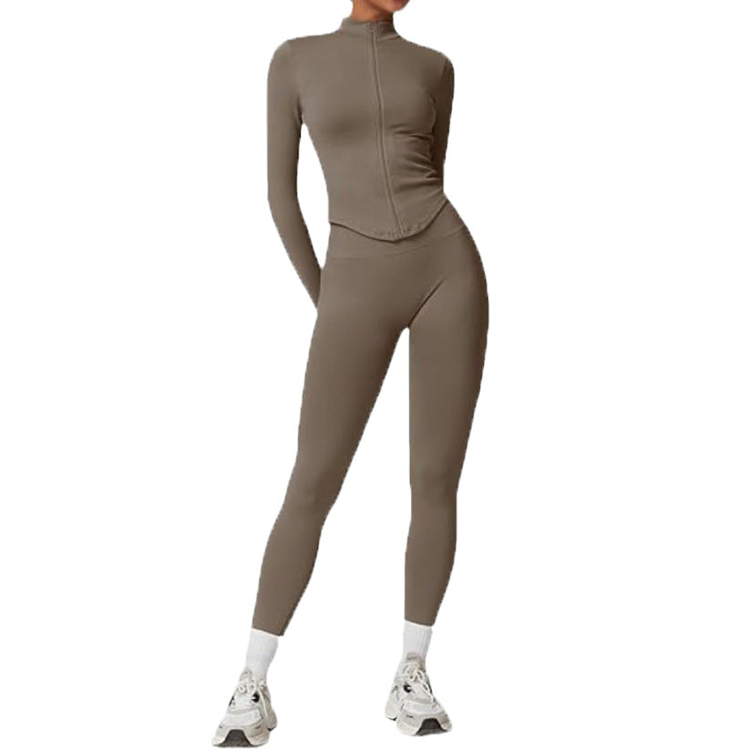 Stand-up Collar Zip-up Long-sleeve Yoga Jacket Workout Set