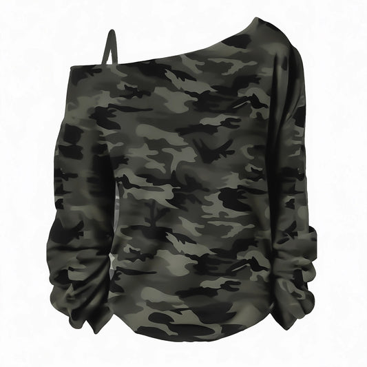 Plus-size Women's Solid-color Off-shoulder Long-sleeve T-shirt