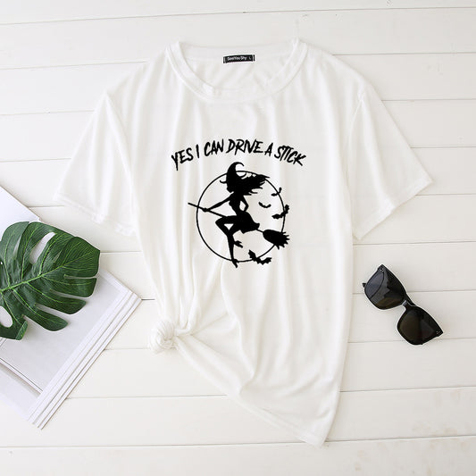 Flying Witch Print Crew Neck Short Sleeve T-Shirt