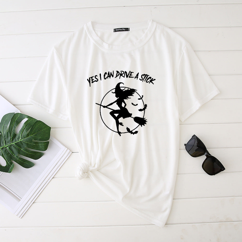 Flying Witch Print Crew Neck Short Sleeve T-Shirt
