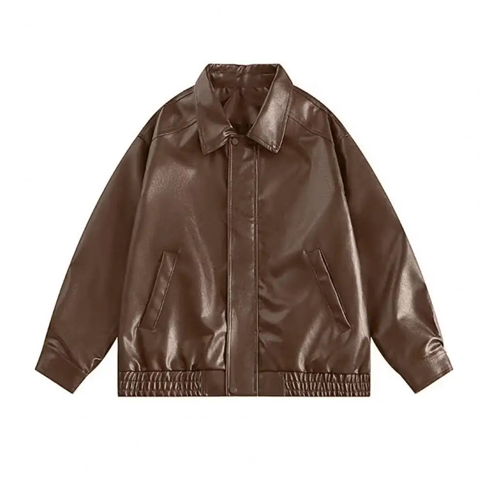 Women Jacket with Pocket Women Faux Leather Jacket Vintage American Style Women'S Faux Leather Jacket Loose Fit Zipper Pocket