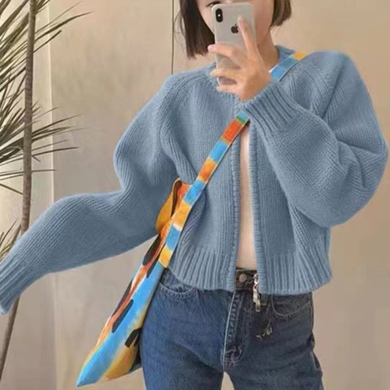 Autumn And Winter New Loose Gray Cropped Sweater Coat
