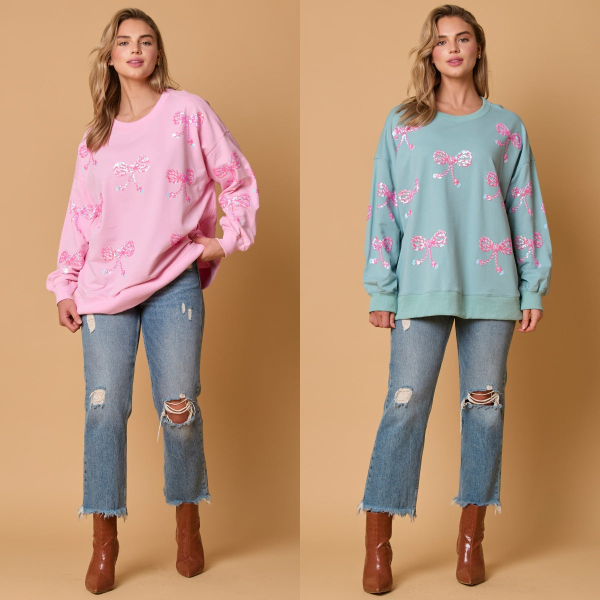 Bow Sequined Top Casual Loose Long Sleeve Sweatershirt Women