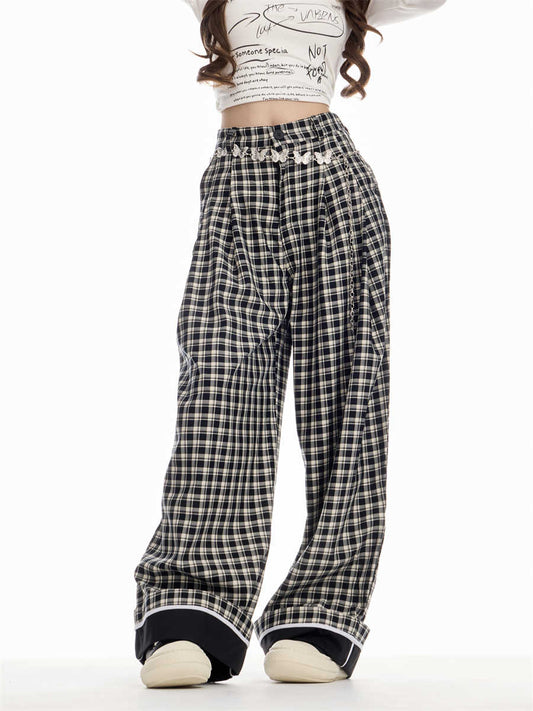 Women's Loose Plaid Pants Casual Pants With Flanging Straight High Waist