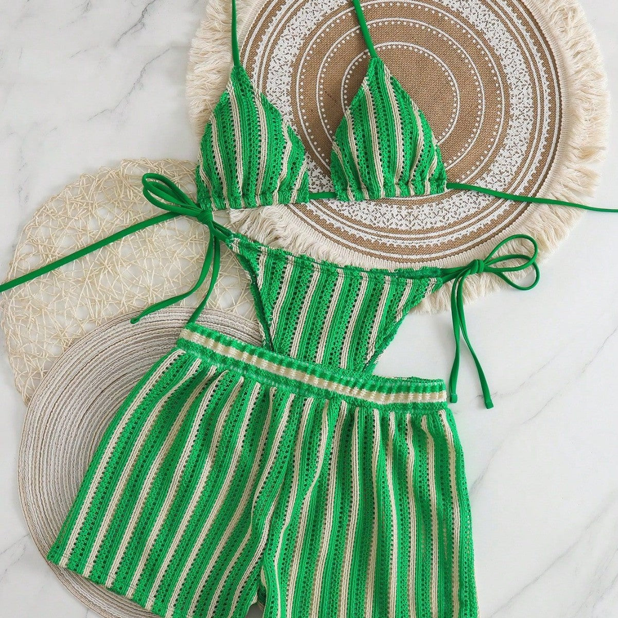 Womens Sexy Woven Bohemian Bikini Three-Piece Set