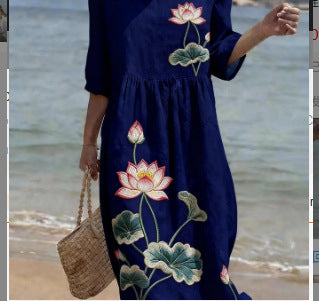 Women's Loose Round Neck Fashion Premium Long Sleeve Printed Dress