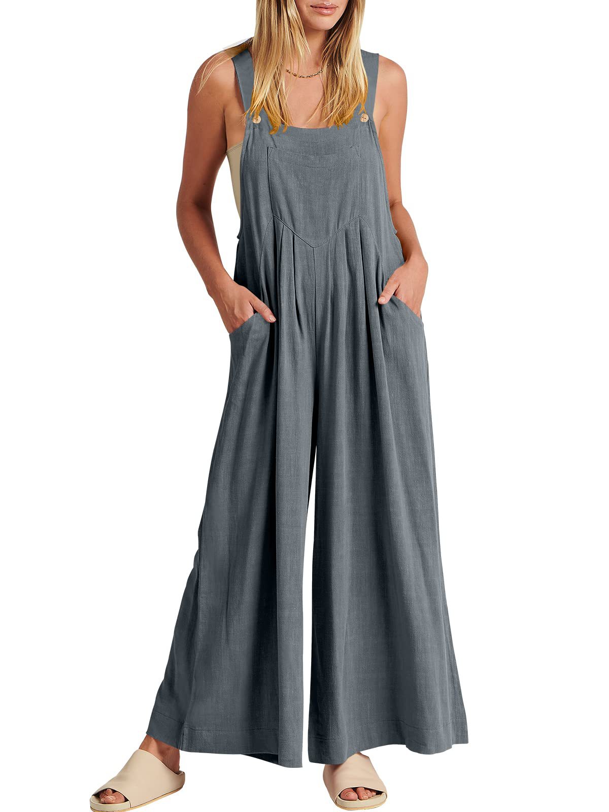 Women's Solid Color Loose Casual Cotton And Linen Suspender Jumpsuit
