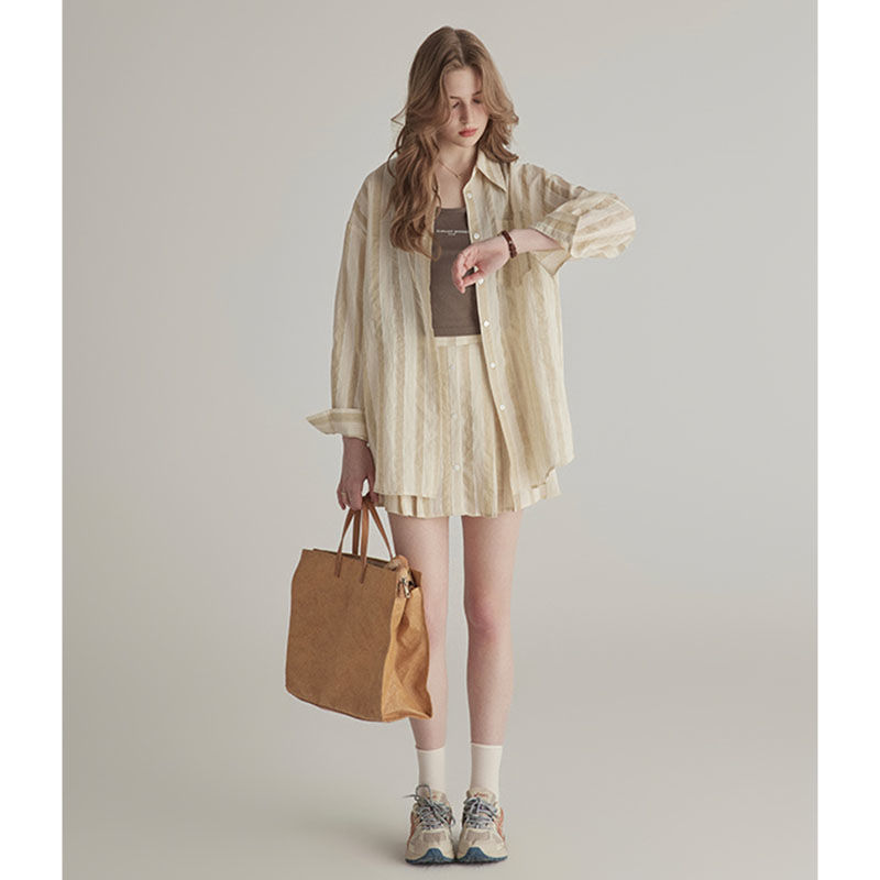 Summer High-grade Sun-proof Set Women's Loose Design Light Striped Shirt Top Temperament Waist-controlled Short Skirt