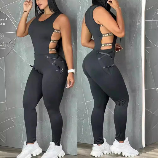 Women's One-piece Hollow Out Slim-fit Lace Up Punk Jumpsuit