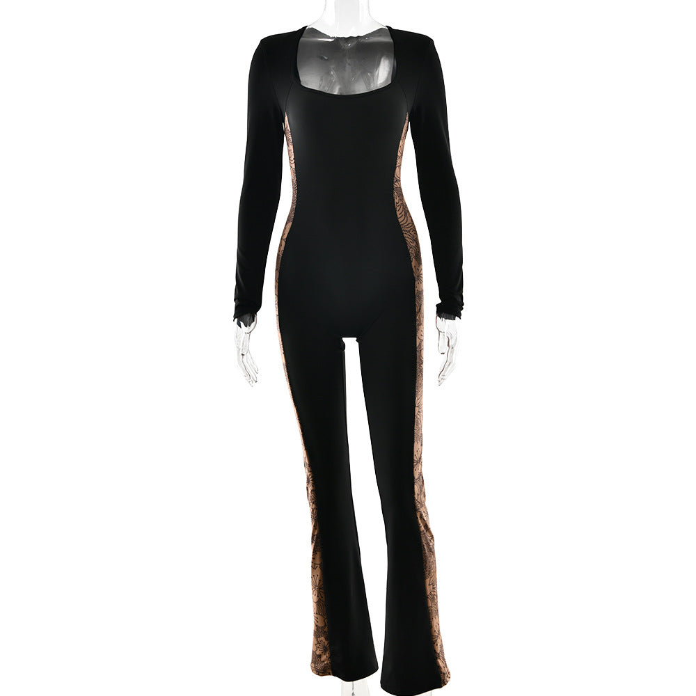 Womens Sexy Stylish Square-Neck Mesh Long-Sleeve Jumpsuit