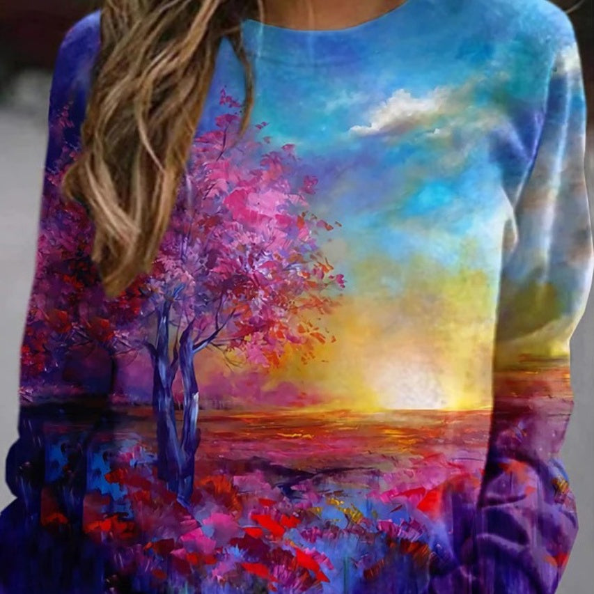 Landscape Flower Floral Print Long Sleeve Pullover