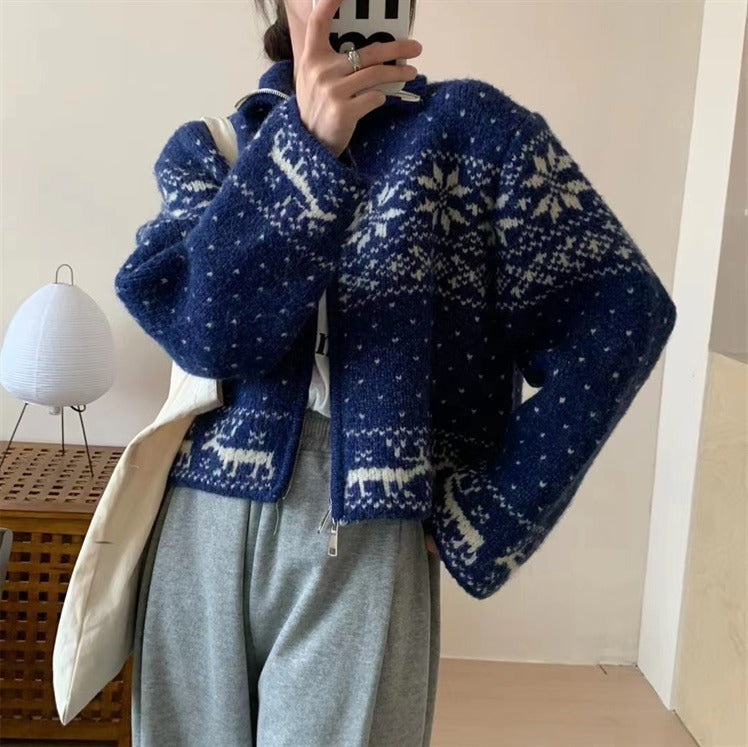 South Korea Retro Heavy Industry Snowflake Brocade Sweater Coat