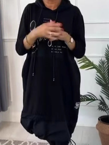 New Letter Splicing Long Sleeve Hooded Sweater Dress