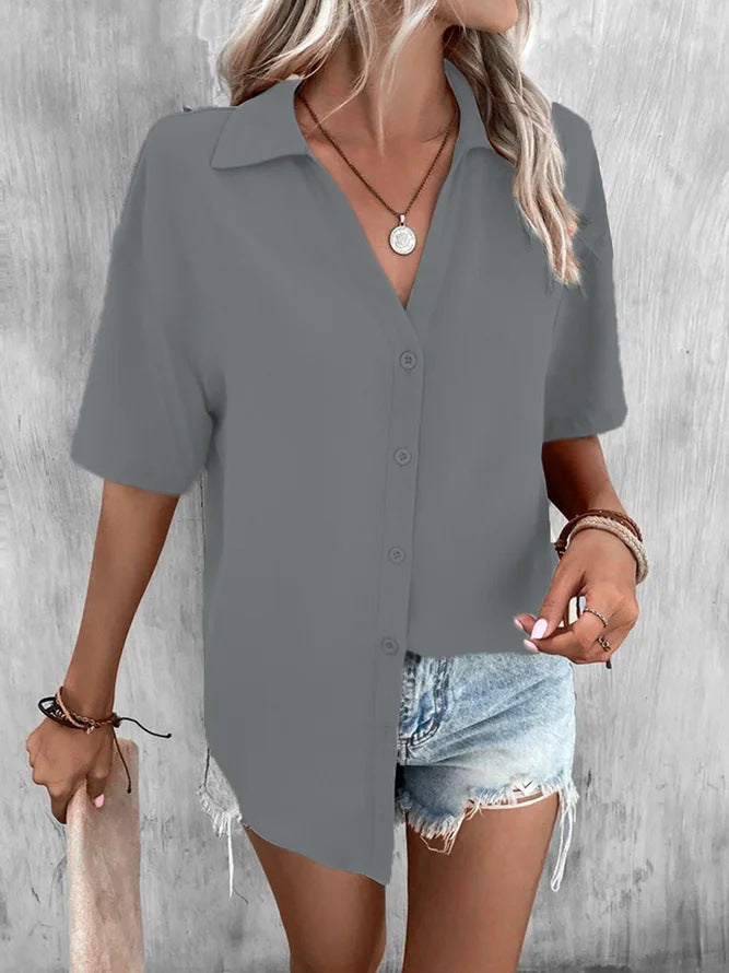 Temperament Pure Color V-neck Shirt Women's Top Short Sleeve