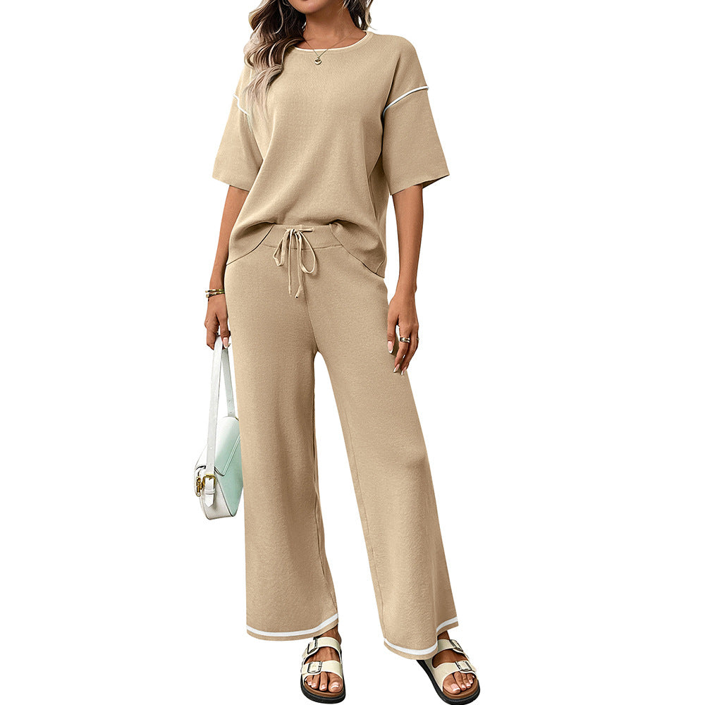 Womens Casual Ice Silk Sweater Short Sleeve Leisure Set