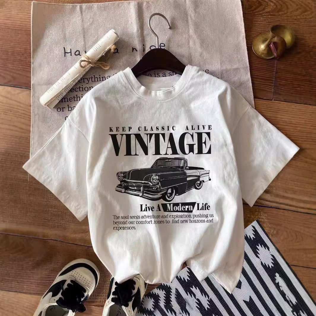 Womens Casual Retro Printed Pullover Short-sleeve Top