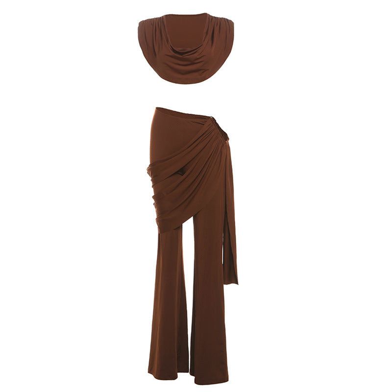 Summer New Women's Fashion Personality Slim Pleated V-neck Short Crop Top Hip-hugging Casual Suit