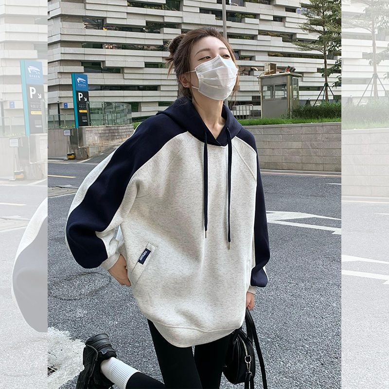 Retro Hooded Contrast Color Sweatshirt Women's Baggy Coat