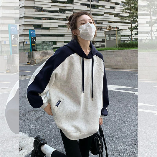 Retro Hooded Contrast Color Sweatshirt Women's Baggy Coat