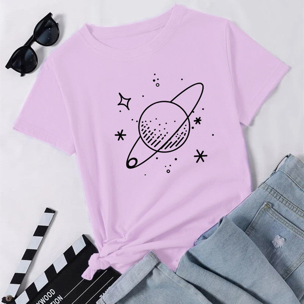 Dame alsidig T-shirt med planetprint, afslappet, løs pasform, korte ærmer