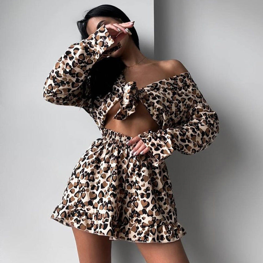 Leopard-print Loose-fitting Comfortable Long-sleeve Vest And Shorts Pajama Set Three Pieces