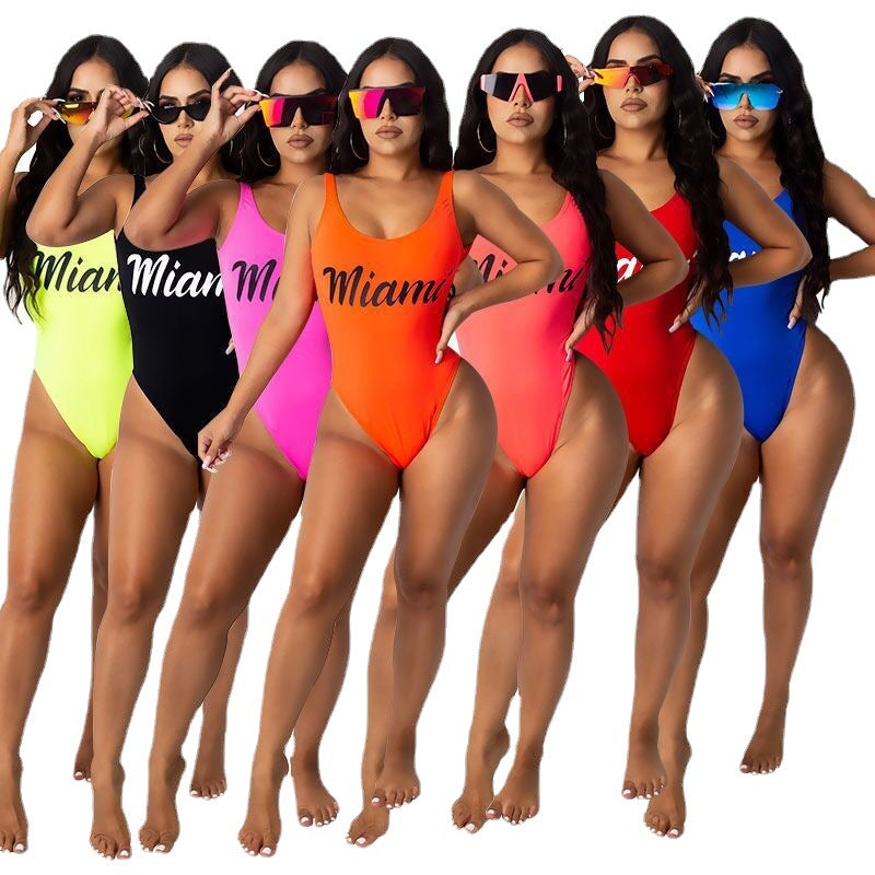 Solid Color Letter Printing Open Back Swimsuit
