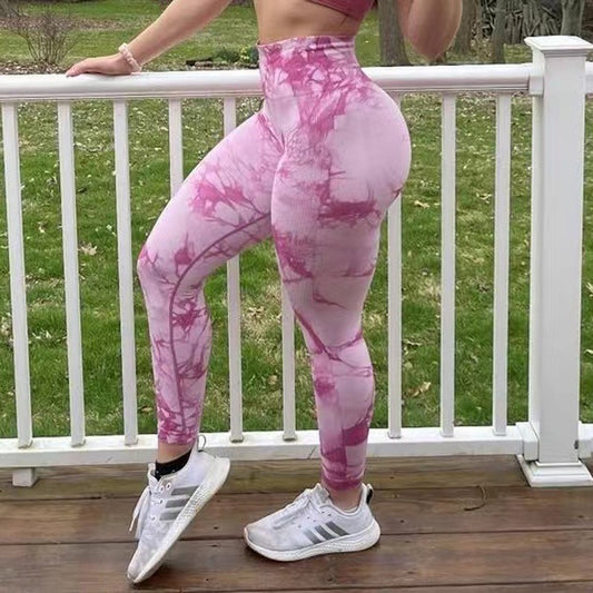Tie-dye Fersken Hofter Yogabukser Plus Size Sømløse Hofteløftende Bukser