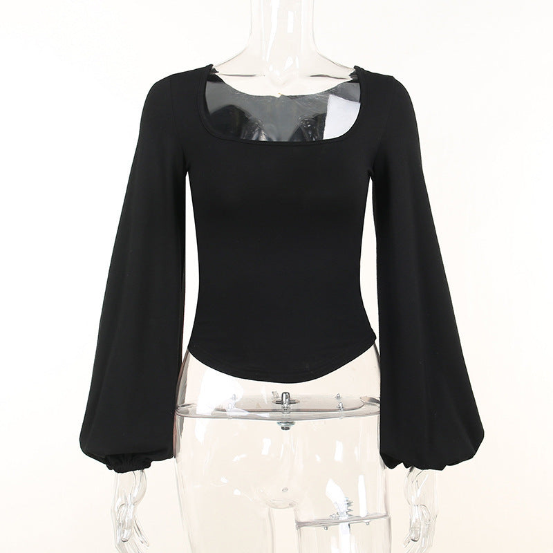 Casual Top Versatile Lantern Long Sleeve Square Collar Slimming Solid Color T-shirt