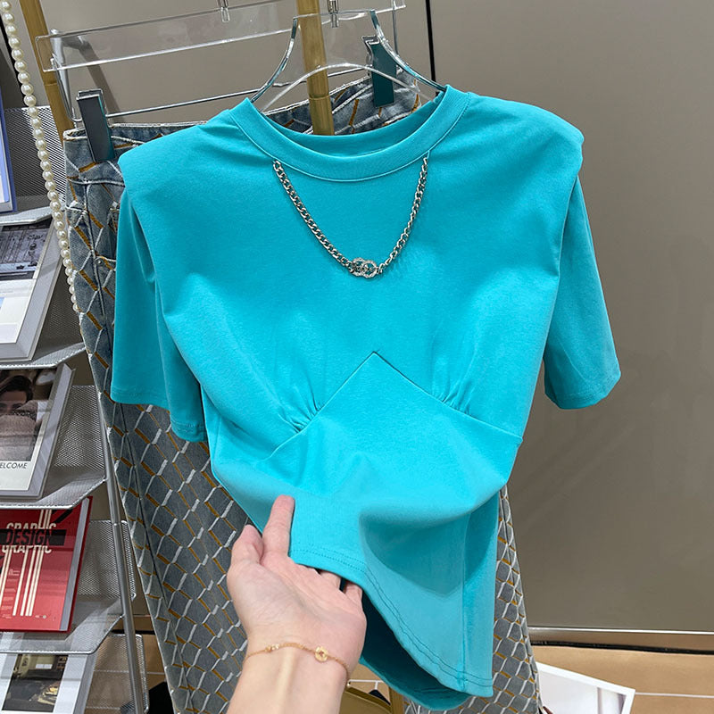 Women's Light Mature Style White Front Shoulder T-shirt