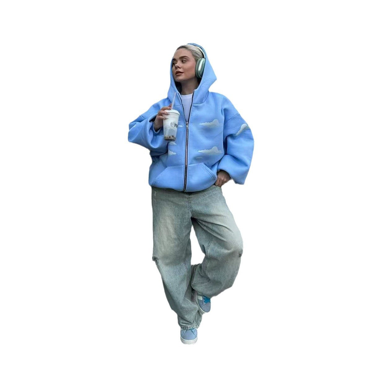 Hooded Sweaters til damer med skyprint og lynlås