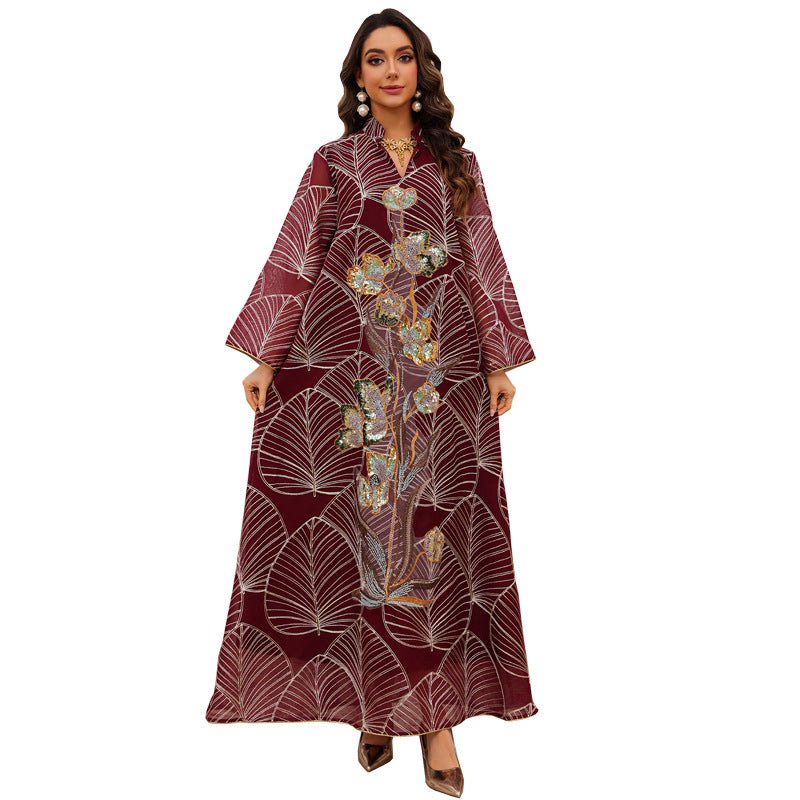 Womens Fashion Mesh Embroidered Long-Sleeve Dress